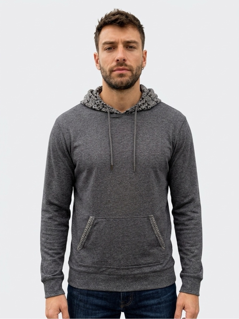 PacSun Men's Heather Charcoal Hooded Pullover with Patterned Lining